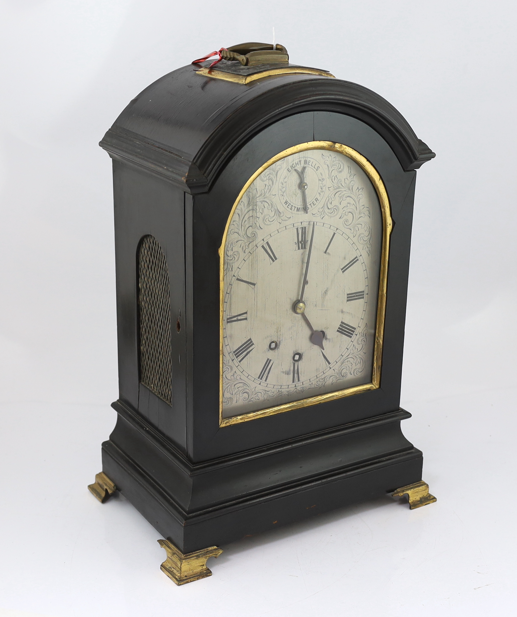 A late Victorian Georgian style ebonised eight day chiming bracket clock 34cm wide, 24cm deep, 51cm high
